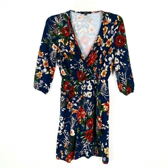 Forever 21 Navy Floral Faux Wrap Half Sleeve Dress - Picture 1 of 7